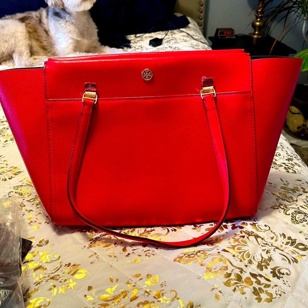 Large cherry red Tory Burch tote with dust bag.